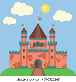 Fairytale princess castle. Mythical landscape vector. Brick wall fortress. Flat design cartoon scenery illustration