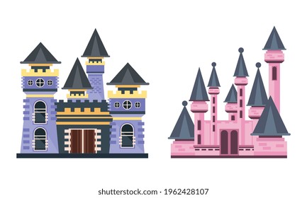 Fairytale Princess Castle Towers Set, Colorful Medieval Mansion Facades Cartoon Vector Illustration