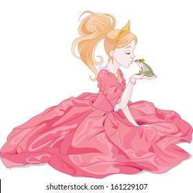 Fairytale Princess Kissing A Frog,  Hoping For A Prince.