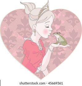 Fairytale Princess kissing a frog hoping for a prince.