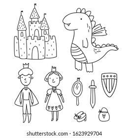 Fairytale princess and prince set. Vector cute linework illustration isolated on white background. Character concept with castle, dragon and little things in doodle childish style