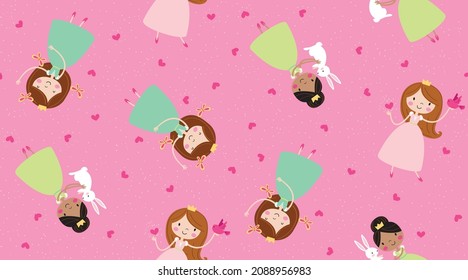 Fairytale Princess Seamless Vector Pattern. Seamless Vector Pattern of Princesses and their animal friends. A pretty pattern for little princesses.