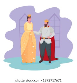 Fairytale queen and king cartoon design, Fantasy magic and medieval theme Vector illustration