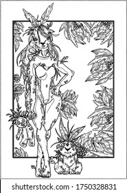 Fairytale rabbit girl with loose hair and leaf like ears, long legs and wide hips, holding a stuffed toy in her hand in surrounded by flowers, with funny leafy little rabbit sitting next to her.