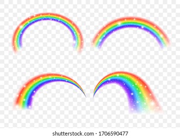 Fairytale rainbow icon isolated on transparent background. Fantasy symbol of good luck with shiny stars and sparkles.
