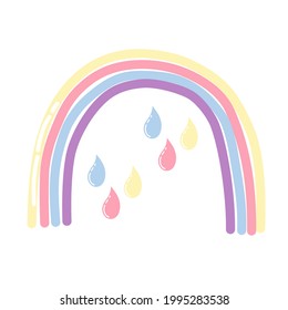 Fairytale rainbow with multicolored raindrops in a flat style on a white background. Children's print for any design. Vector illustration.Doodle rainbow multicolored raindrops for decoration design.