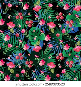 Fairytale rainforest. Seamless pattern with flowers and tropical leaves.