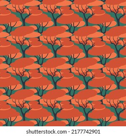 Fairytale red forest seamless pattern bright contrasting scrapbook background deciduous tree