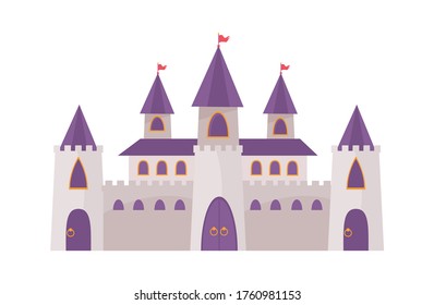 Fairytale romanesque castle. Impenetrable wall three purple gates towers red flags powerful residential building with two observation towers colorful fantasy citadel. Cartoon beautiful vector.
