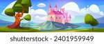 Fairytale royal castle in meadow on island in sea or lake. Cartoon vector summer landscape of ancient magic palace with towers surrounded by water. King medieval house under blue sky with clouds.