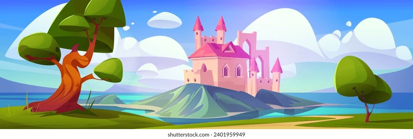 Fairytale königliche Burg auf der Wiese auf Insel im Meer oder See. Cartoon Vektor Sommerlandschaft des alten Zauberpalastes mit Türmen umgeben von Wasser. Königshaus im Mittelalter unter blauem Himmel mit Wolken.