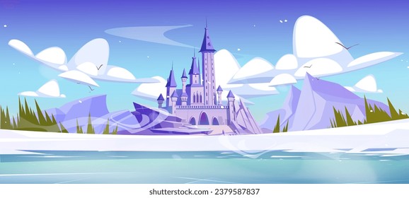 Fairytale royal castle near rocky mountains in winter covered with snow. Cartoon vector landscape with mediaeval palace with gate and towers in middle of snowy meadow at hills and water lake.