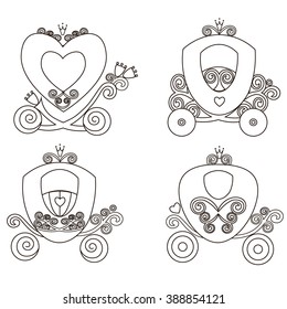 Fairytale Royal pink princess carriage, vector vintage  girl carriage, online store, logo, silhouette, black icon on white background, Education game for children: coloring book