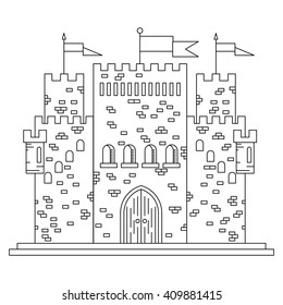Fairytale royal thin line castle or palace building with various windows, towers and turrets with battlements and flags. Children book, adventure, medieval history themes design
