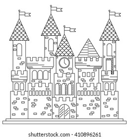 Fairytale royal thin line castle or palace building with various windows, towers and turrets with battlements and flags. Children book, adventure, medieval history themes design