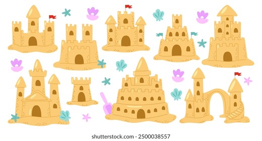 Fairytale sand castle fantasy palace kid sculpture set with girlish set. Cute tower beach building collection vector illustration. Holiday vacation, baby shower design, happy childhood and games