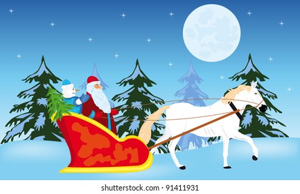 Fairy-tale santa claus goes to sled on white