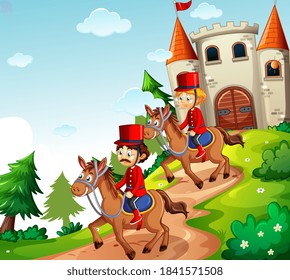 Fairytale scene with castle and soldier royal guard scene illustration