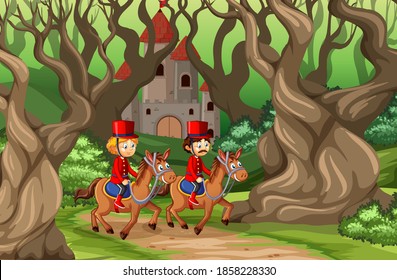 Fairytale scene with castle and soldier royal guard in the forest scene illustration