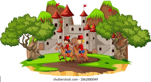 Fairytale scene with castle and soldier royal guard on white background illustration