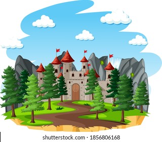 Fairytale scene with castle or tower in the forest illustration