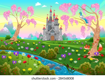 Fairytale Scenery With Castle. Cartoon Vector Illustration.