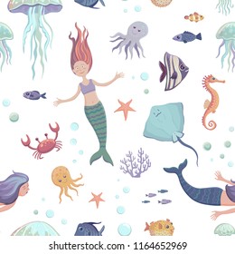 Fairy-tale seamless background with marine life and mermaids. Vector pattern with cartoon characters on white