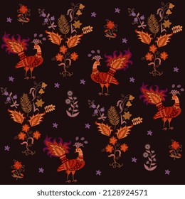 Fairytale seamless ornament with peacocks, flowers, leaves and butterflies in red, golden, purple, orange colors isolated on black background in vector. Print for fabric in Russian folk style.