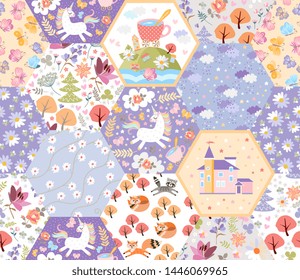 Fairytale seamless patchwork pattern with unicorns, cats and foxes, castle, flowers and trees in magic forest. Cute print for fabric and textile. 