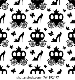 Fairytale seamless pattern background with shoes and butterflies. Vector illustration