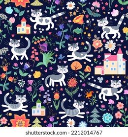 Fairytale seamless pattern with cats in floral garden. Cute kittens, houses, big and small flowers, butterflies on dark background in vector