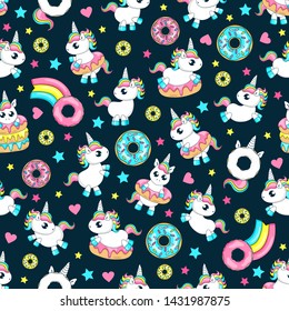 Fairytale seamless pattern. Cute baby unicorns. Donut unicorn with white  glaze and rainbow tail, pink, blue mint and yellow lemon donuts, donut comet with rainbow.Vector illustration