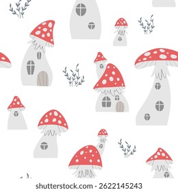 Patrón sin fisuras de cuento de hadas de lindas casas de agárico de mosca. Ilustración vectorial para tejido y textil.