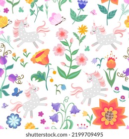 Fairytale seamless pattern. Cute unicorns and butterflies among flowers. Colorful vector illustration. 