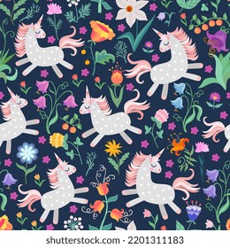 Fairytale seamless pattern with cute unicorns and flowers. Vector illustration. 