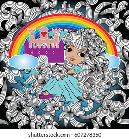 Fairytale seamless pattern. Floral background wallpaper illustration with colorful rainbow, princess castle, little beautiful girl with long curly hairs and flowers. Vector texture for fabric,prints svg