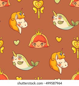Fairytale seamless pattern for girls with princess, unicorn, narwhal, magic wand and heart in vector. Hand drawn design for print, wrapping, fabric, paper etc. Cute girlish cartoon doodle characters.