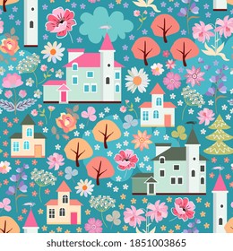 Fairytale seamless pattern with houses among trees and big flowers.