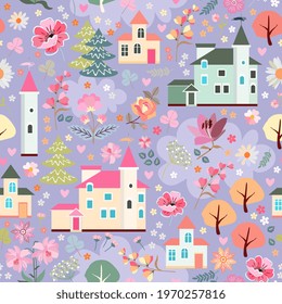Fairytale seamless pattern with houses, trees and flowers on light violet background. Beautiful print for fabric, textile, wallpaper.
