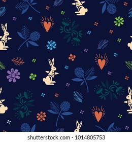 Fairytale seamless pattern. Lovely rabbits, leaves, flowers and hearts.