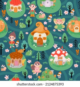 Fairytale seamless pattern with magic village houses and fairies. Cartoon children print with elves and gnomes in forest vector wallpaper. Fairytale village wallpaper, fantasy pattern illustration