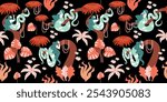 Fairytale seamless pattern: snake girls in a beautiful garden. Vector fantasy illustration for textile.