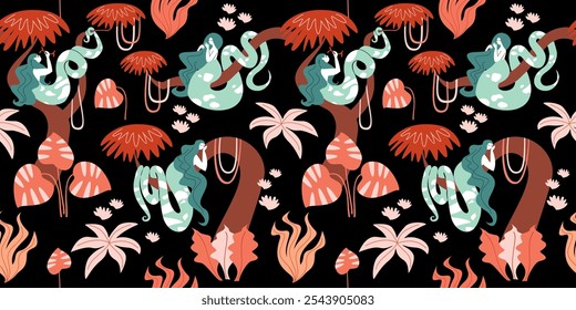 Fairytale seamless pattern: snake girls in a beautiful garden. Vector fantasy illustration for textile.