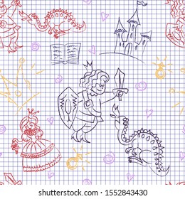 fairytale seamless pattern vector illustration on white school's paper