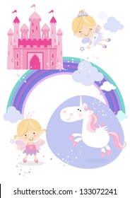 Fairytale Set Icons / Illustrations One pretty fairy princess with wand, one flying fairy, a winged unicorn, rainbow, fluffy clouds and a fairy castle in the sky.