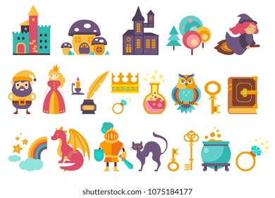 Fairytale set, princess, princess, castle, gnome, witch, dragon, rainbow, knight and othe elements vector Illustrations on a white background