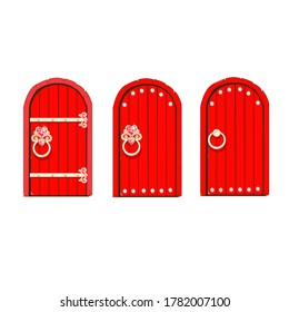 Fairytale set red door of a beautiful princess. Antique door with forged decorations. Entrance to the magical land. Cartoon style. Collection vector illustration isolated on a white background.