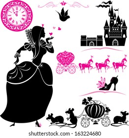 Fairytale Set - silhouettes of Cinderella, Pumpkin carriage with mouses, castle and clock. svg