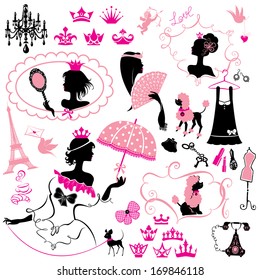 Fairytale Set - silhouettes of princess girls with accessories, crowns and pets