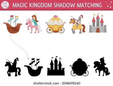 Fairytale shadow matching activity with castle, princess, knight. Magic kingdom puzzle with traditional symbols and characters. Find correct silhouette printable worksheet. Fairy tale page for kids
